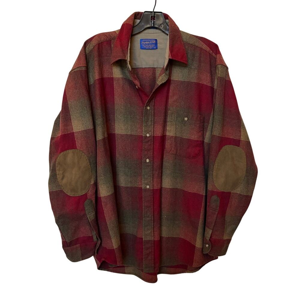 Pendleton Mens Wool Plaid Button Up Long Sleeve Shirt with Elbow Patches size L